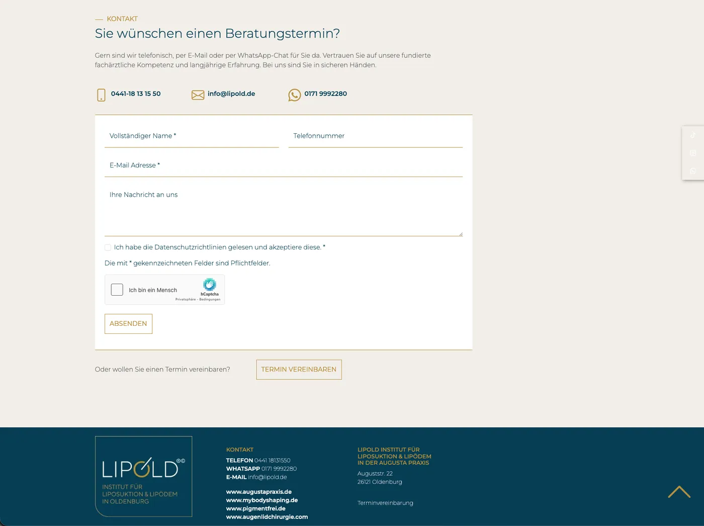 Contact form with hCaptcha and footer cross-links to sister sites