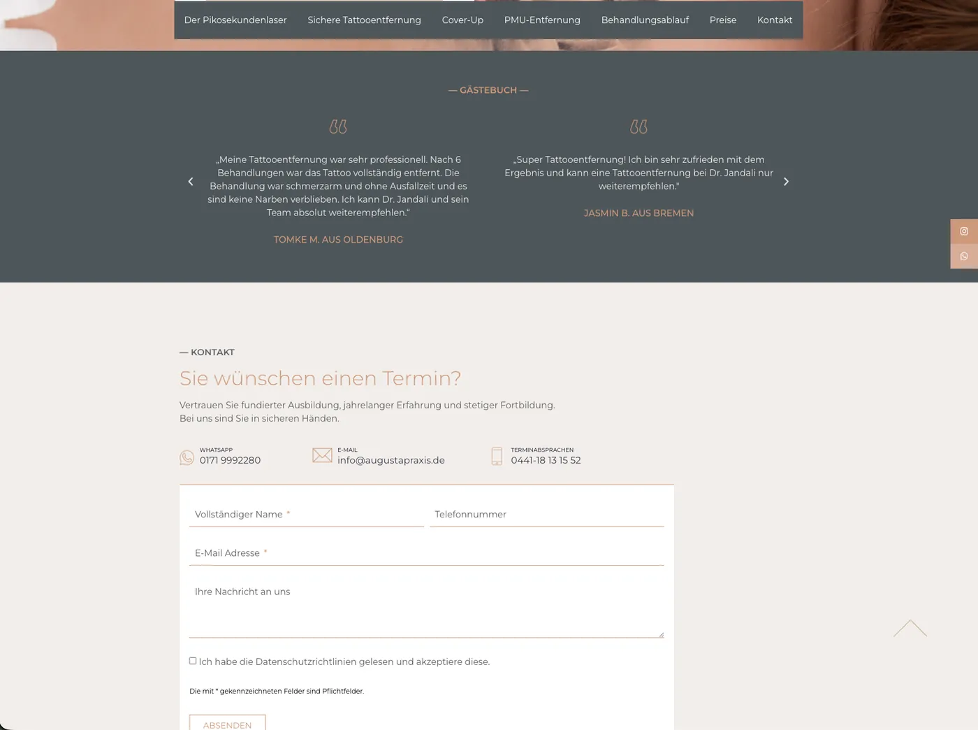 Testimonial-Karussell und Kontaktformular