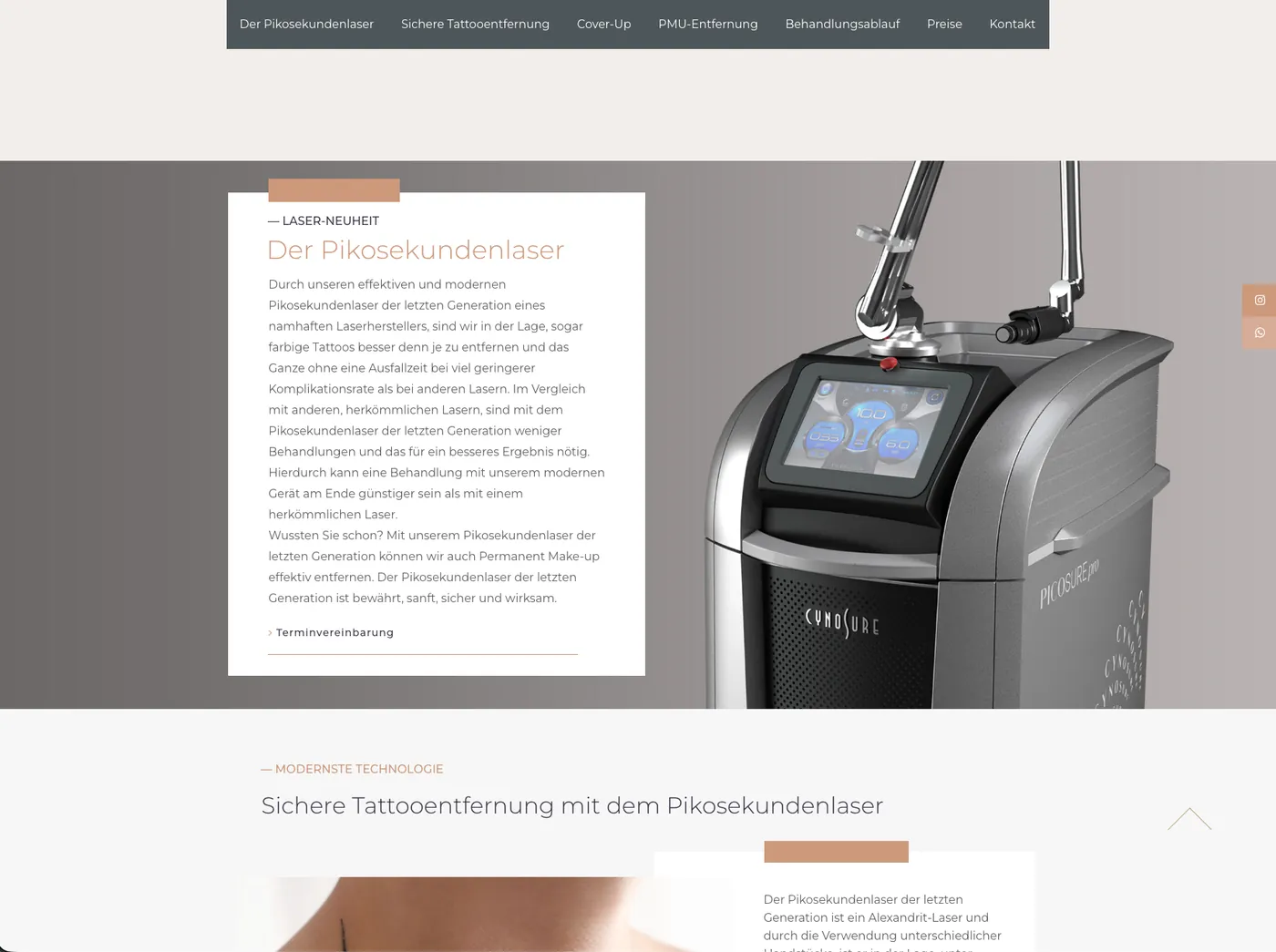 Pikosekundenlaser-Section mit Geräte-Foto und Tech-Beschreibung
