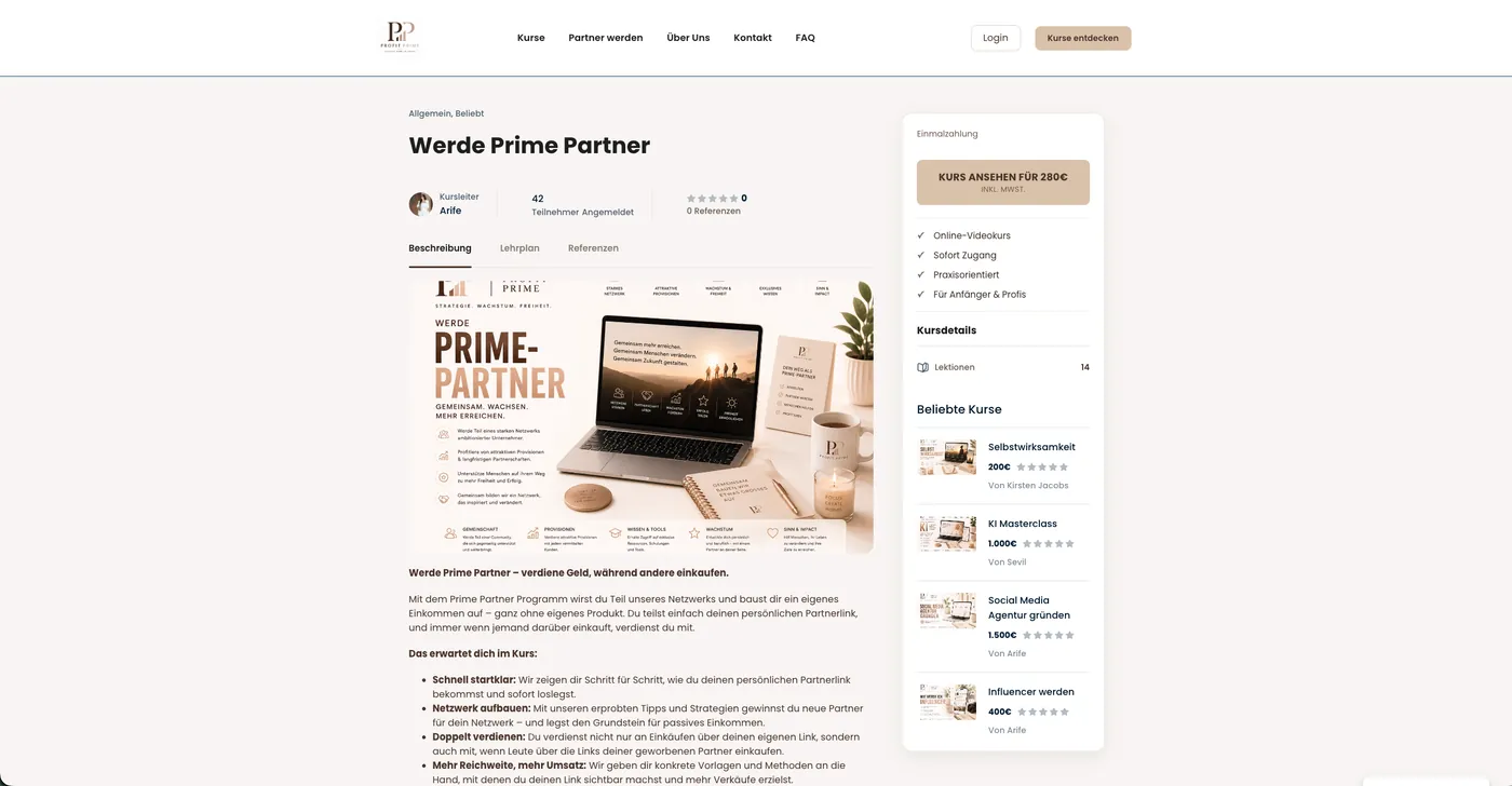 Kursdetailseite „Werde Prime Partner“ mit Digistore-Kaufbutton und Programmbeschreibung