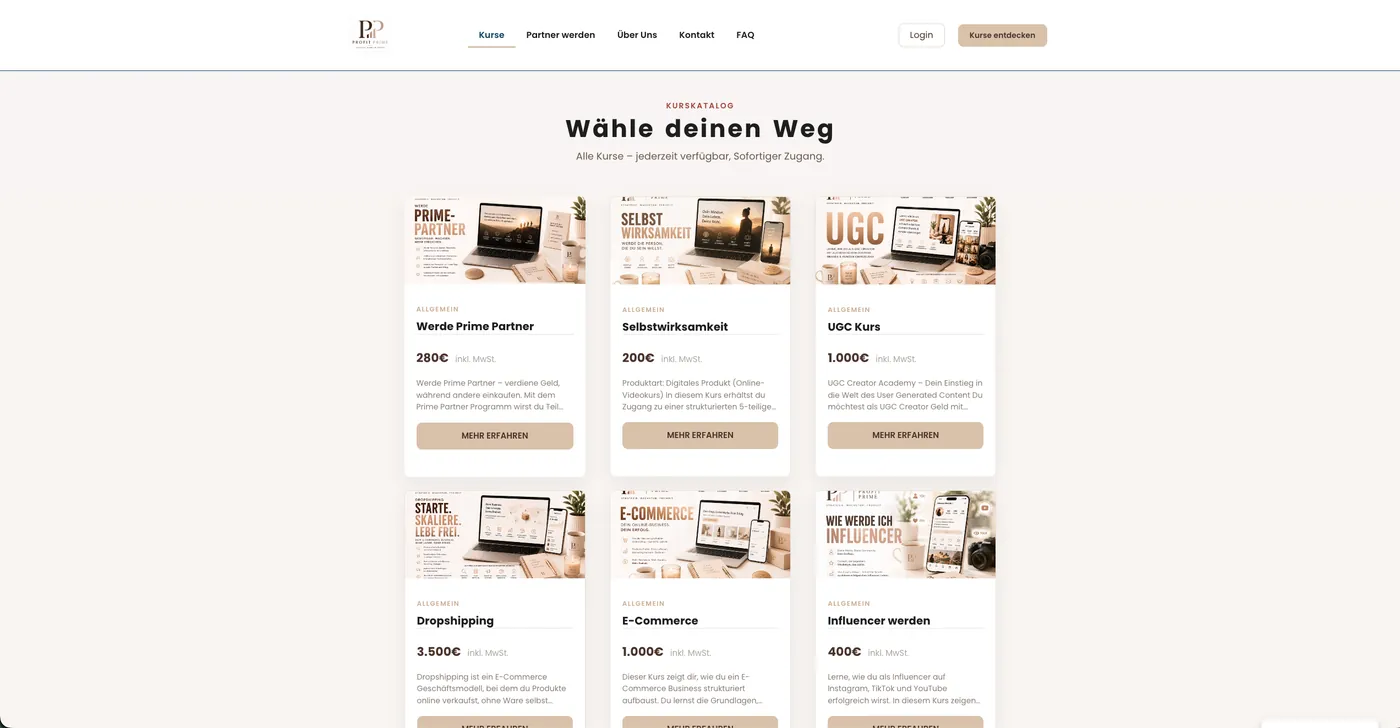 Kurskatalog „Wähle deinen Weg“ mit sechs Premium-Kursen und Preisen